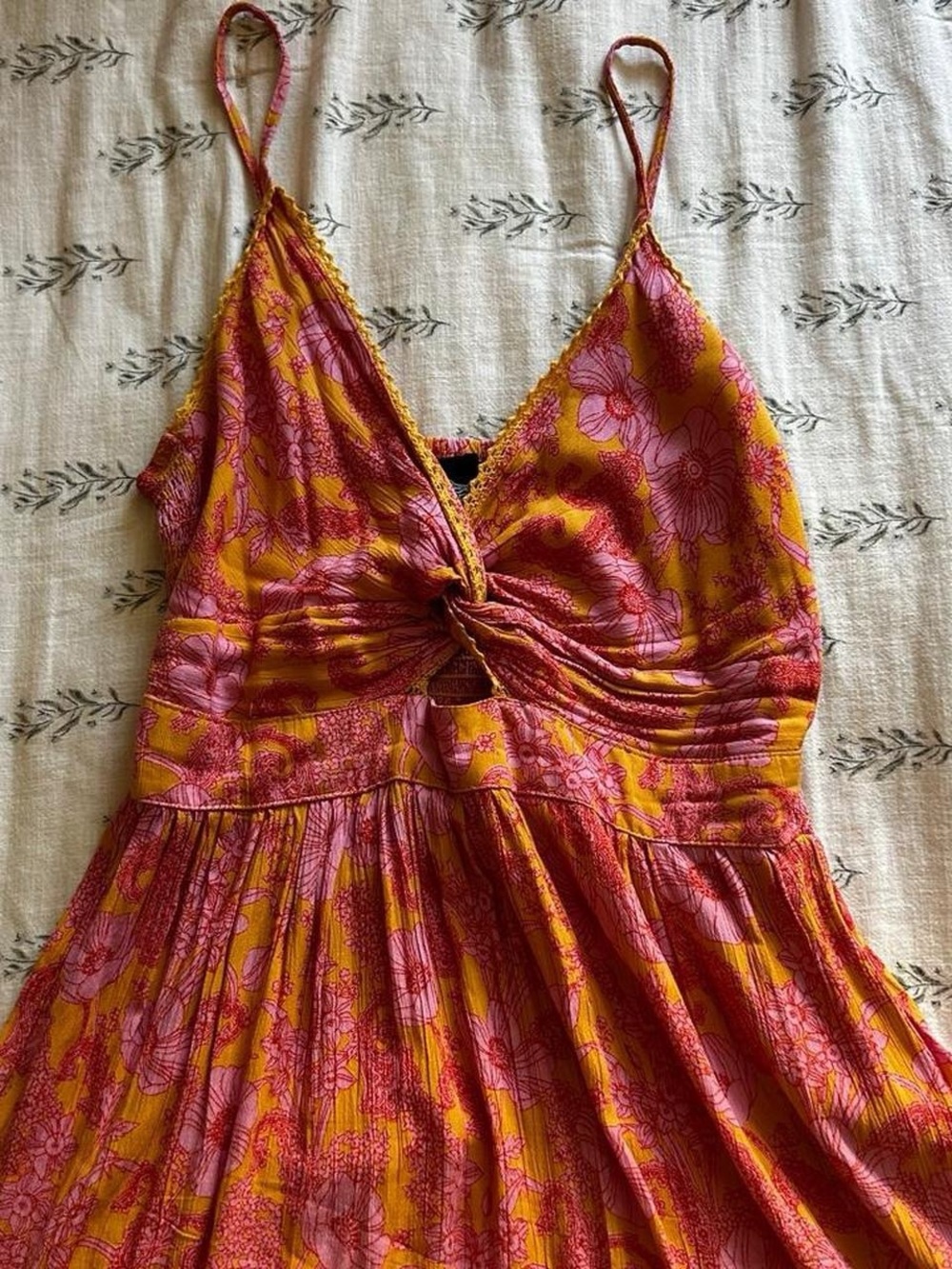 Floral Knot-Front Spaghetti Dress - Pink & Mustard